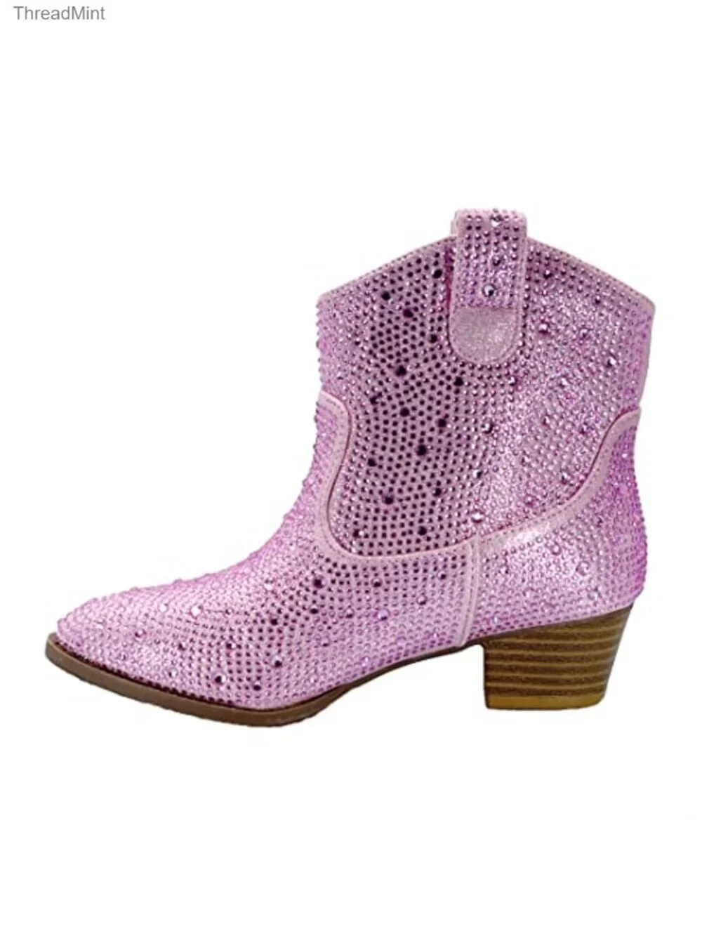 Girls Rhinestone Chunky Heel Ankle Bootie Slip On Casual